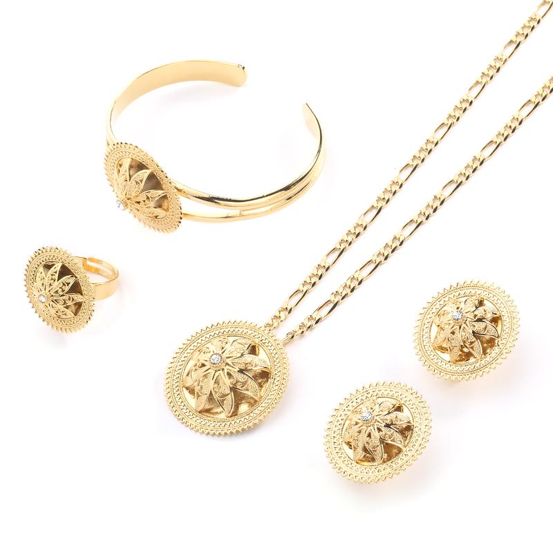 Earrings & Necklace Ethiopian Gold 4Pcs Chain Round Flower Pendants Stud Adjustable Ring For Women Bridal Wedding Jewelry Sets, As pic
Earrings & Necklace Ethiopian Gold 4Pcs Chain Round Flower Pendants Stud Adjustable Ring For Women Bridal Wedding Jewelry Sets, As pic