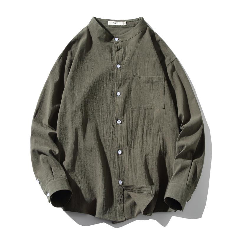 Fashion Cotton Linen Stand-up Collar Shirt For Men Autumn Loose Thin Harajuku Long Sleeve Solid Color Plus Size Top Male Men's Casual Shirts