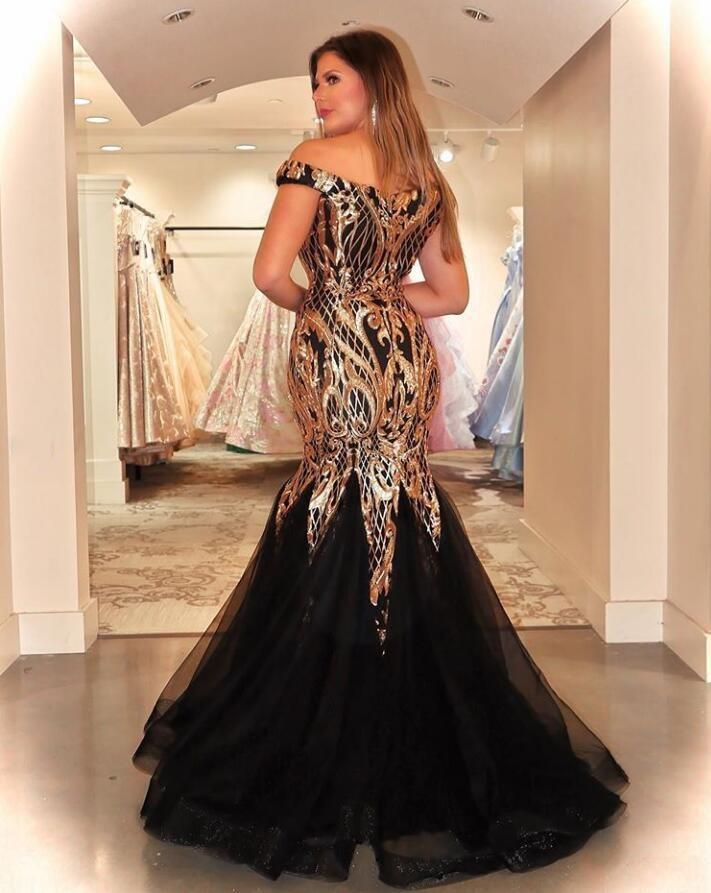 Modern Off Shoulder Mermaid Evening Dresses With Gold Sequins Ruched Tulle Zipper Back Prom Dress Plus Size Custom Made Robes De Soirée
