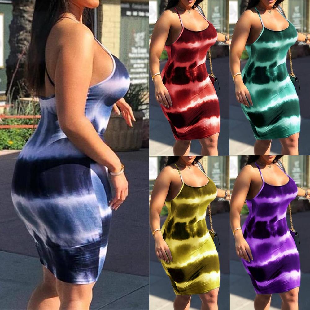 

QNPQYX Plus Size Women Tie Dye Strappy Summer Party Slim Bodycon Mini Dress Clubwear Vintage Fashion Short Pencil Dress Summer Clothes, Blue