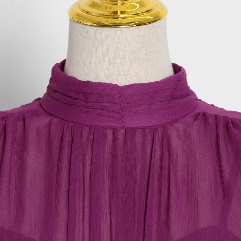 TWOTWINSTYLE Vintage Ruched Dress For Women Stand Collar Sleeveless High Waist Chiffon Midi Dresses Female Fashion 210630