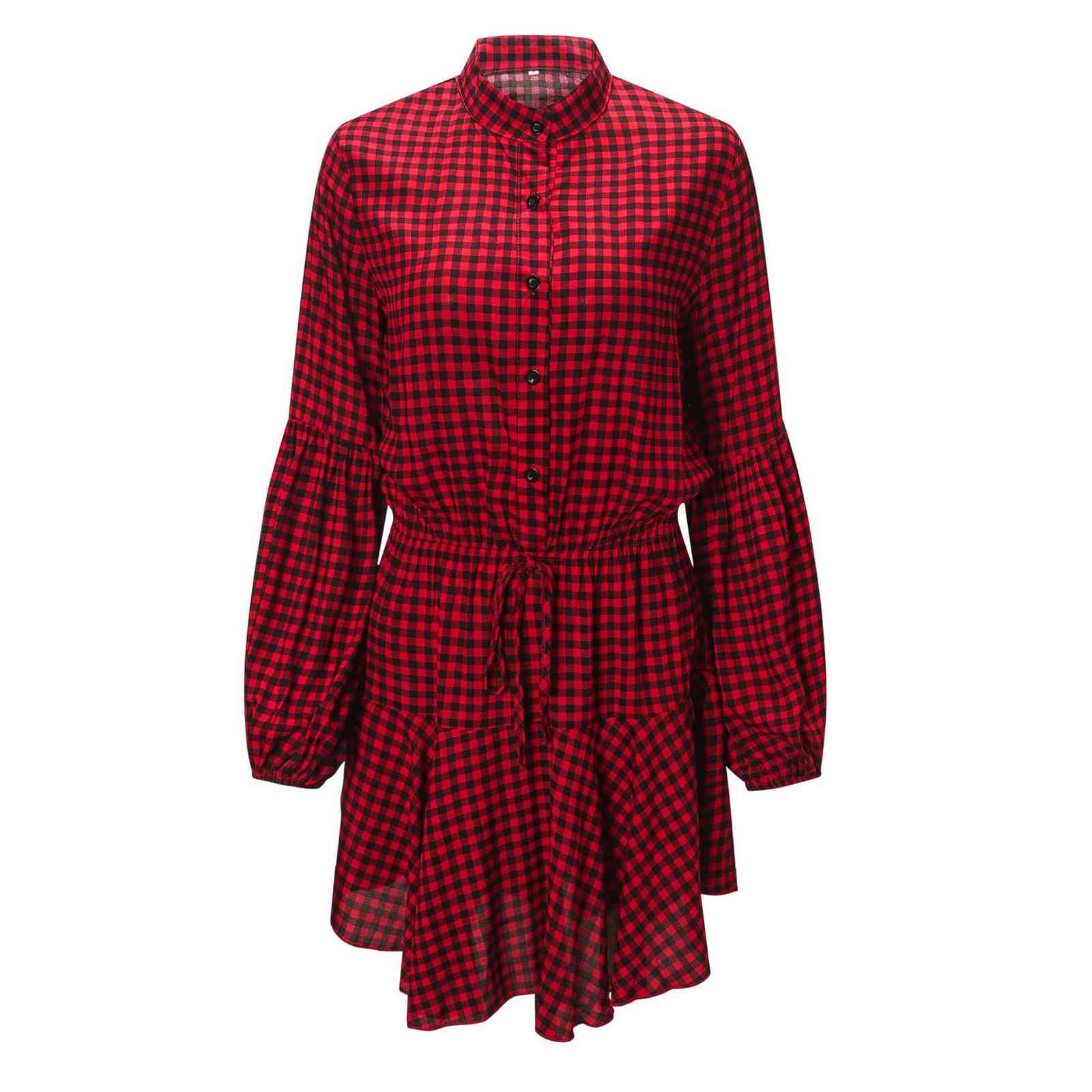 Foridol lantern long sleeve plaid red dress women vintage checkered short button dress office ladies elegant dress vestidos 210415
