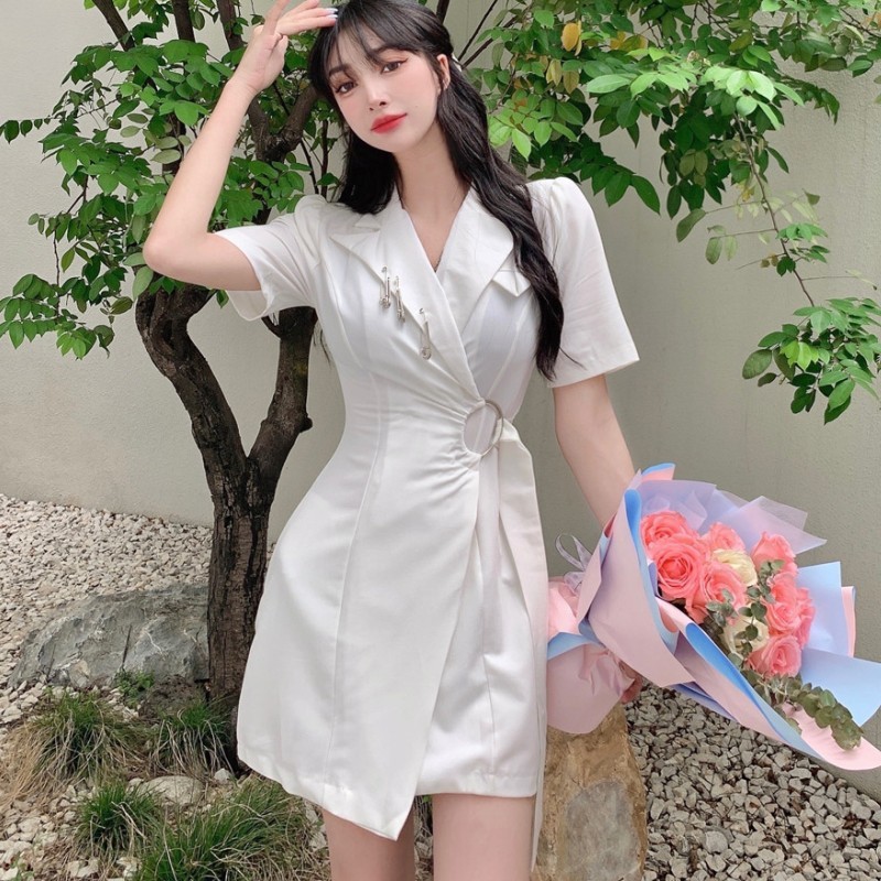 Summer Elegant Women's Dresses Retro Solid Color Lace-up Slim Dress Notched Collar Short Sleeve Mini Female 210519