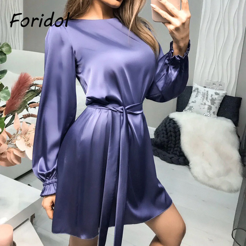 Foridol Long Sleeve Satin Party Dress Women Casual Sash Short Mini Dress Plus Size Spring Autumn Green Dress Women Clothing 210415
