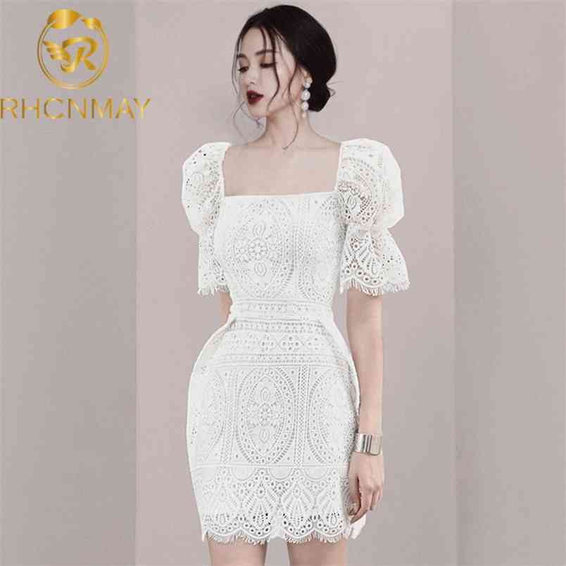 Summer Women Celebrity Evening Party Dress Vestidos Smil Sexy Lace Square Collar Puff Sleeve Bodycon Mini 210506