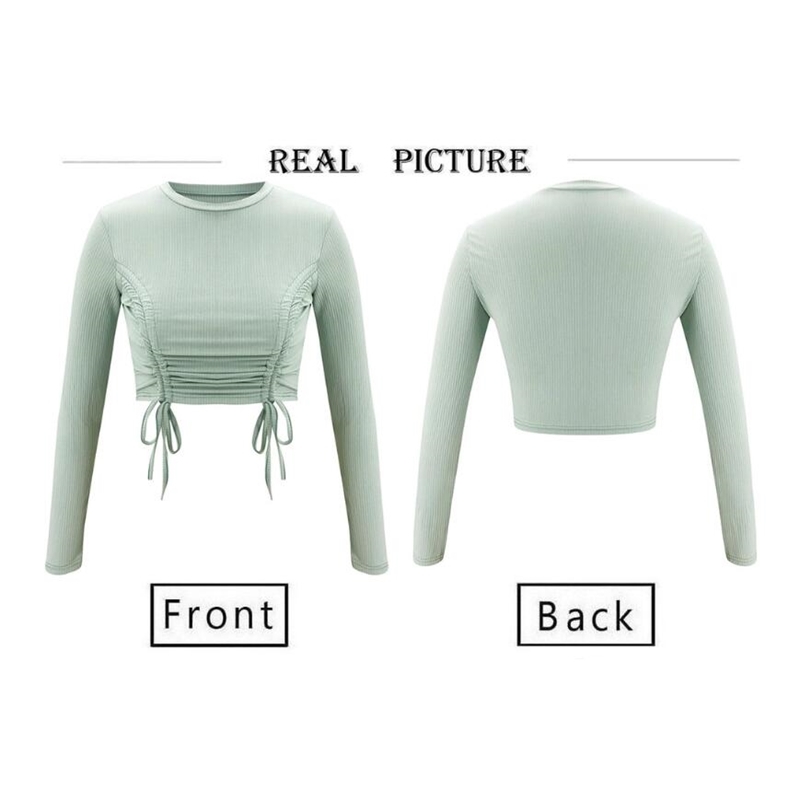 Sexy White Long Sleeve Crop Tops Autumn Casual Drawstring Lace Up Pleated T-shirt Female Green Slim Short Tshirt Women 210526