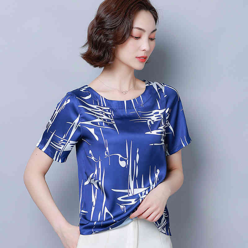 Blusas Mujer De Moda Style Short Sleeve Elegant Printed Satin Blouse Women O-neck Loose Versatile Fashion Tops 8682 50 210427