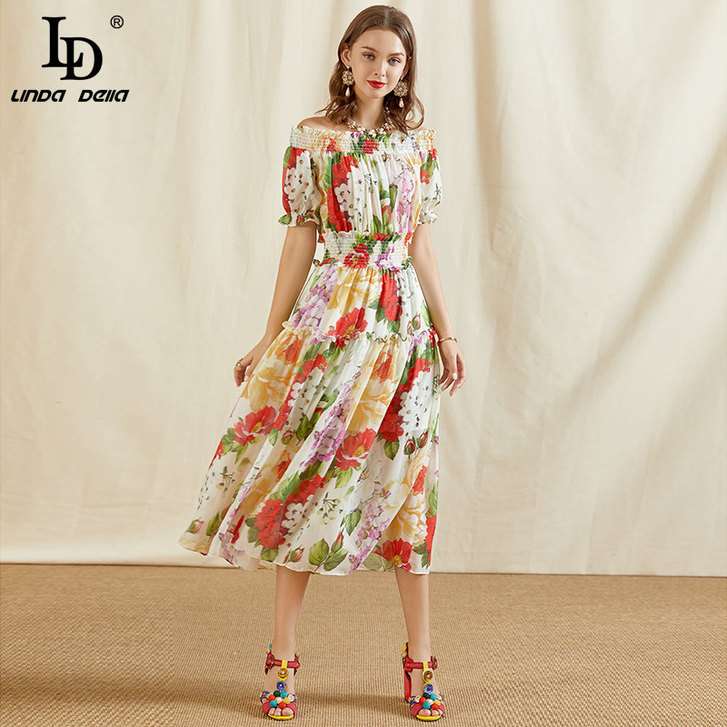 Fashion Runway Summer Dress Women Slash neck Elastic waist Floral print Elegant Holiday Chiffon Midi 210522