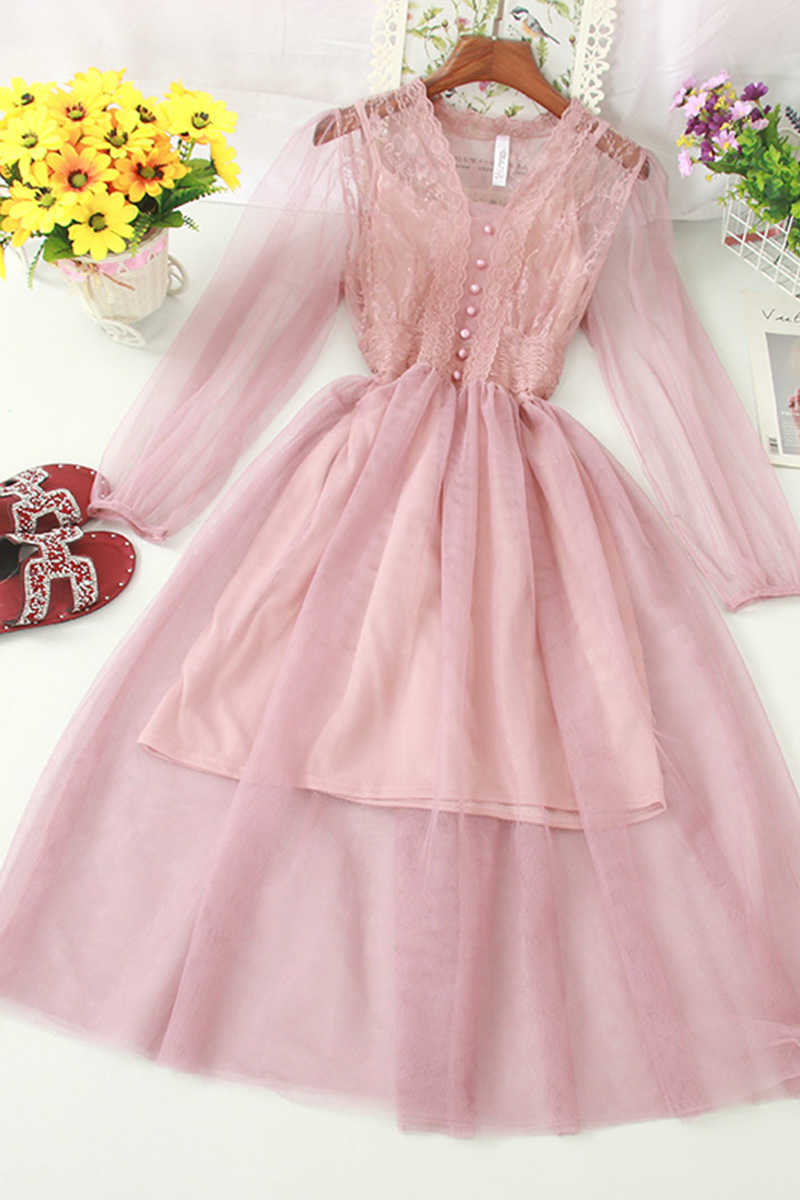 LY VAREY LIN Summer Sweet Puff Sleeve Netting Dress Solid A Line High Waist Medium 210526