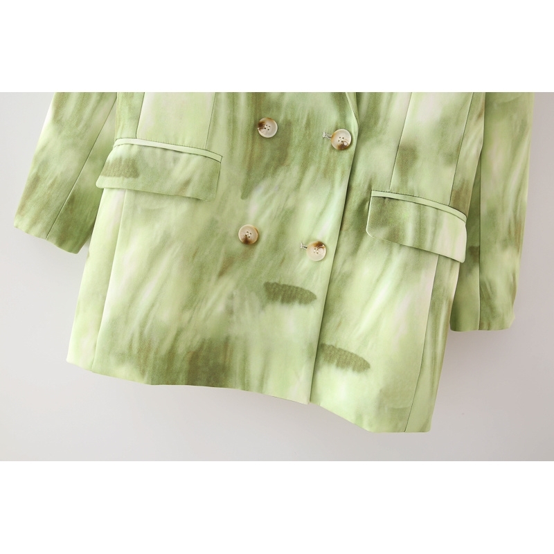 fashion women notched collar blazer office ladies gradient green print jackets casual female pocket suits girls chic 210430