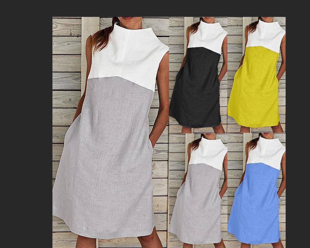 style, sleeveless personalized stitching round high neck contrast pocket loose dress, Black;gray
style, sleeveless personalized stitching round high neck contrast pocket loose dress, Black;gray