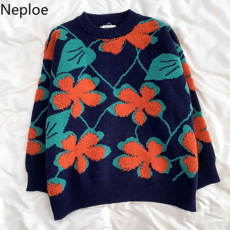 Neploe Fall Women Clothes Knit Pullovers Heavy Crochet Floral Sweaters Women O-neck Thicked Warm Jumper Coat Female 4G386 210422