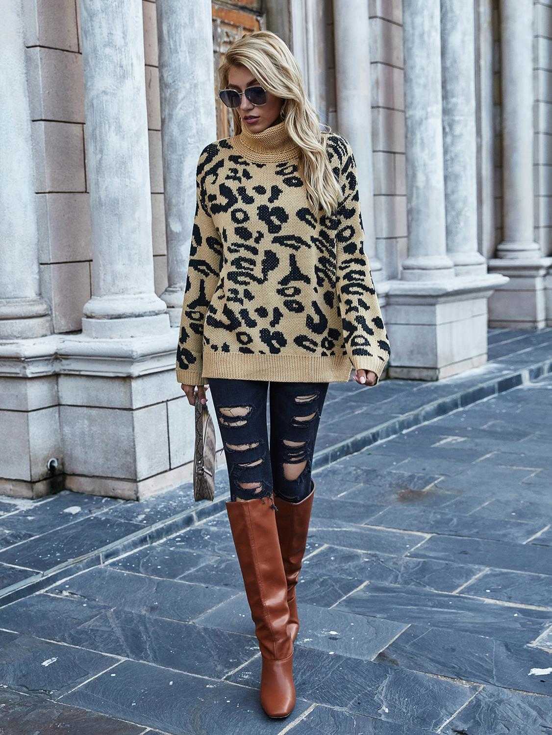 Qooth Animal Print Jumper Women Leopard Crochet Top Knitwear Turtleneck Long Sleeve Pullover Sweaters QT334 210609