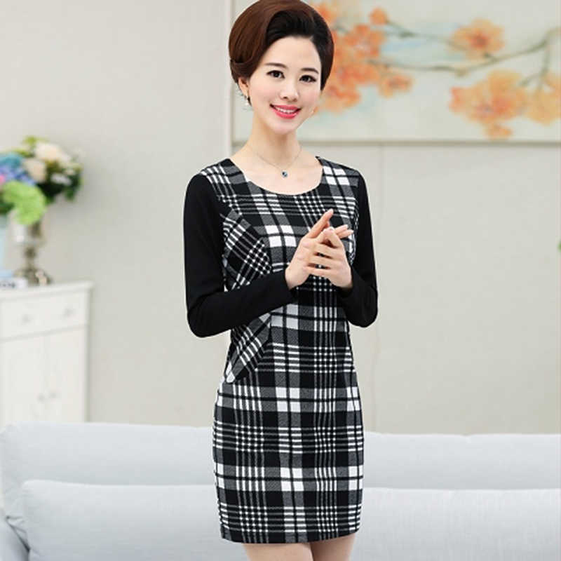 Autumn Spring Dres Vintage Plaided Printed Long Sleeve Slim Package Hip Sheath Black Plus Size XL-5XL 210609