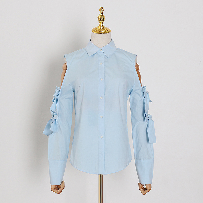 VGH Hollow Out Patchwork Blouse For Women Lapel Long Sleeve Off Shoulder Casual Shirt Female Fashion New Clothing Spring Tide 210421