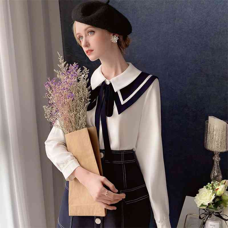 Dabuwawa Preppy Style Sailor Collar Blouse Women Autumn Spring Long Sleeve Patchwork Bow Shirts Tops Female Girlish DT1CST036 210520