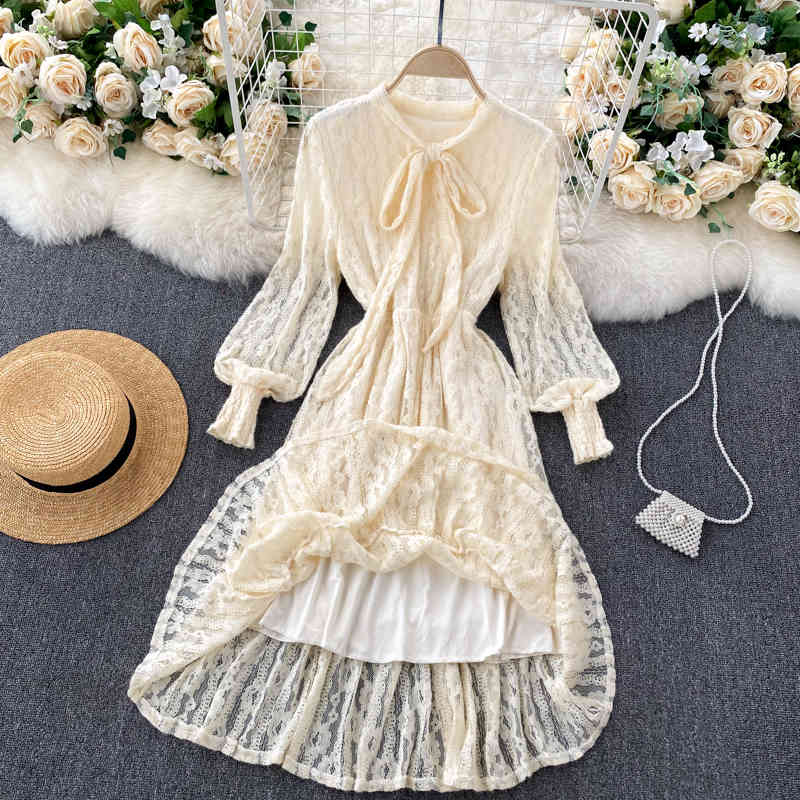 LoveFlowerLife Autumn Winter Bow Tie Long Sleeve Elegant Clothes Vestido Lady Fashion Lace Dress Women 210521