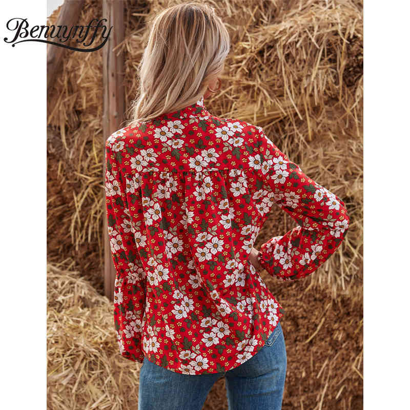 Bow Tie Neck Floral Print Button Up Shirt Women Spring Lantern Long Sleeve Office Casual Ladies Tops and Blouses 210510
