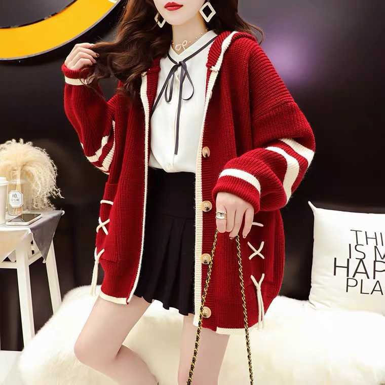 H.SA Autumn Winter Women Hooded Cardigan Warm Knitted Sweater Jacket Pocket Knit Cardigans Coat Lady Loose Sweaters Casual Tops 210716