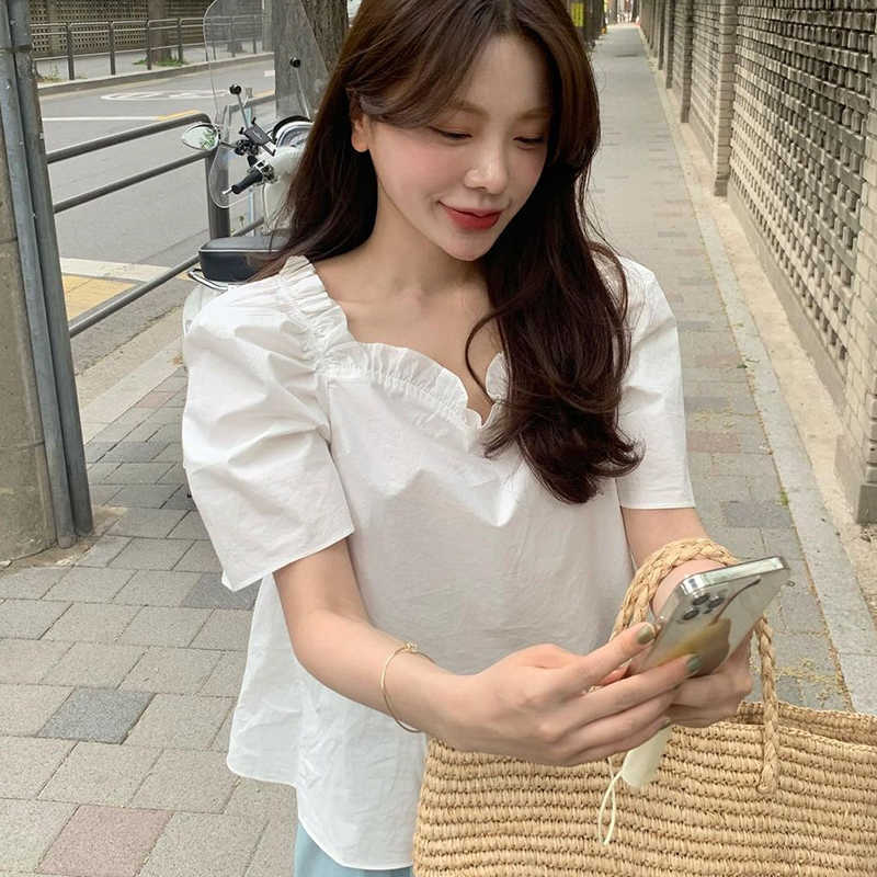 Korejpaa Women Shirt Summer Korea Chic Gentle Temperament Square Collar Wooden Ear Stitching Solid Color Puff Sleeve Blouse 210526