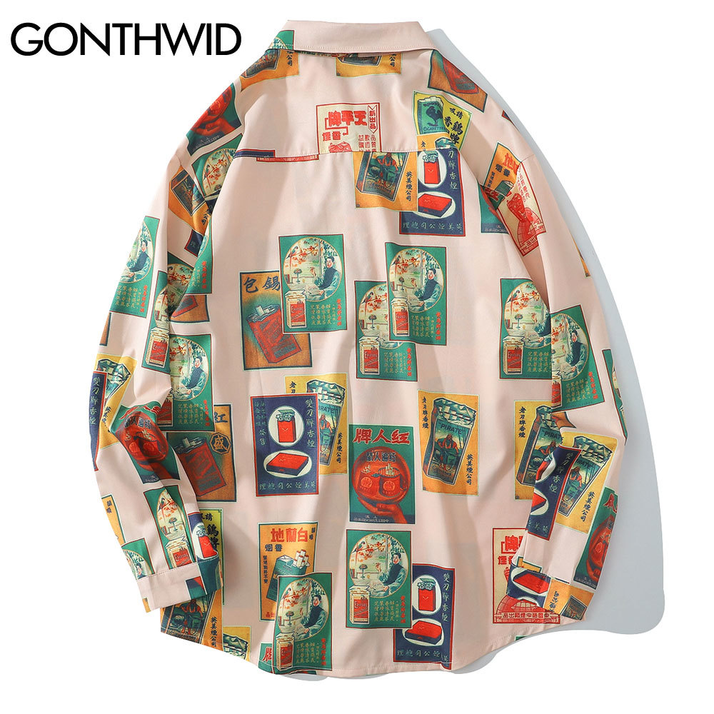 GONTHWID Hawaiian Beach Shirts Harajuku Vintage Poster Print Long Sleeve Aloha Party Holiday Shirt Mens Casual Button Down Tops 210410