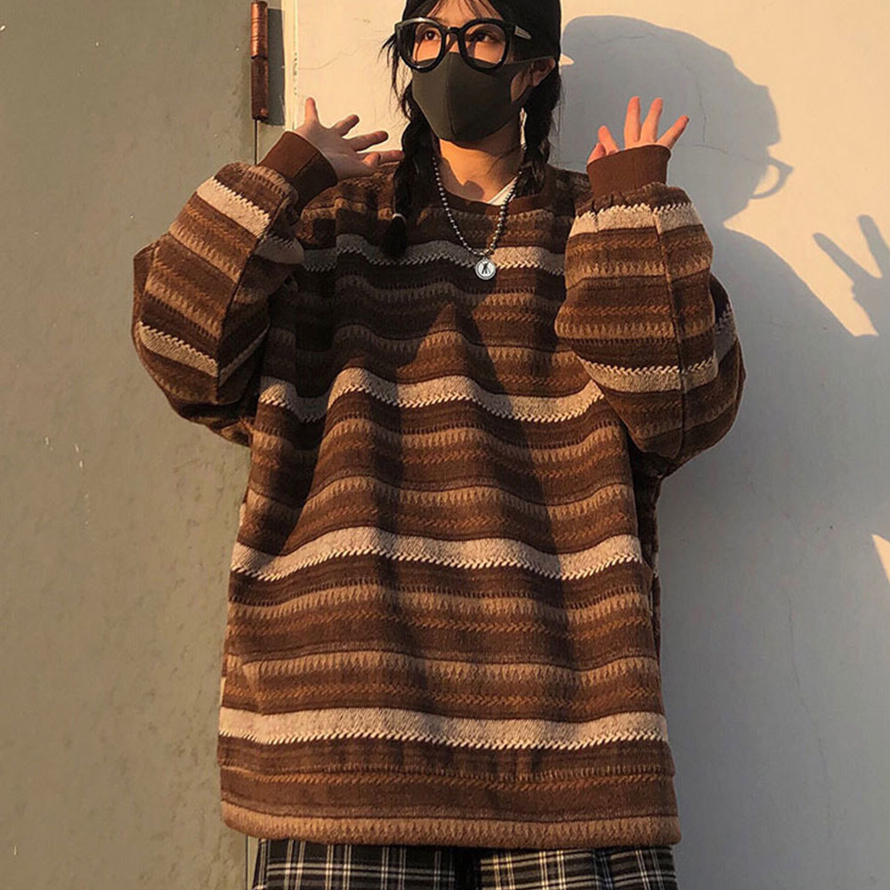 Pullovers Women Oversize BF Unisex Couples Japanese Striped Knit Sweater Hip Hop Female Winter Fashion Retro Daily Clothing 210428