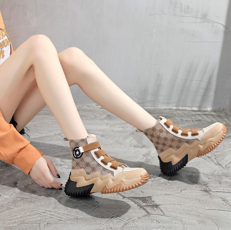 Fashion Women Heel Snow Boots Leather ankle chunky Martin shoes Print Platform Desert Lace-up Boot 35-40