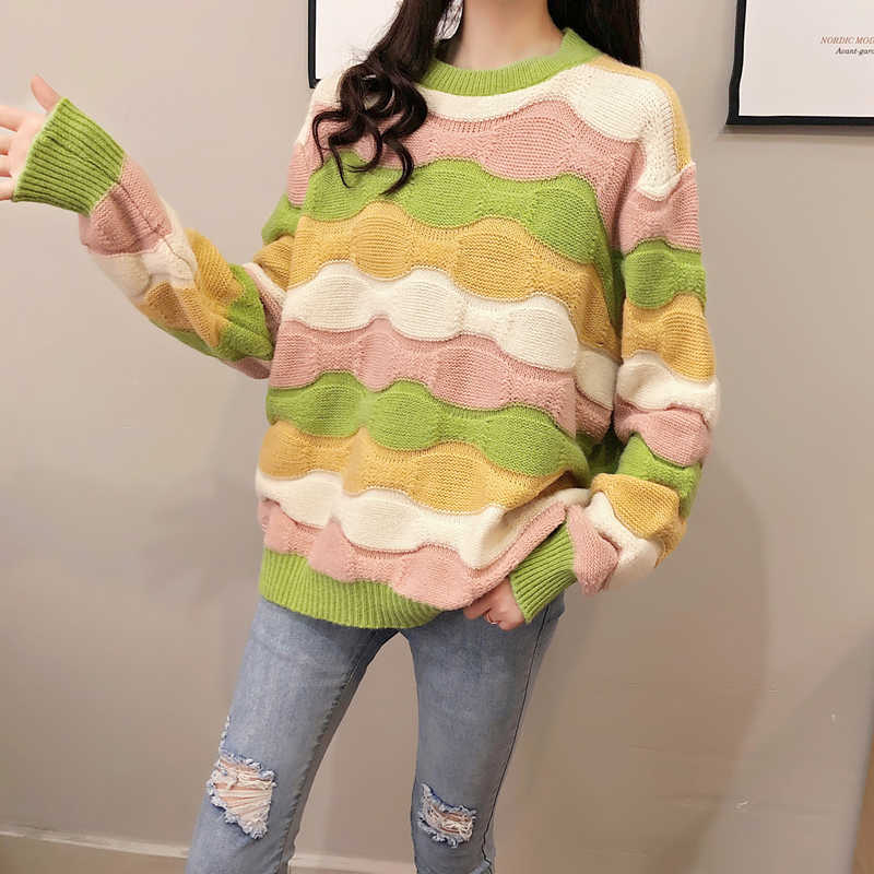H.SA Fall Fashion Women Rainbow Sweater and Pullovers Long Sleeve Colorful Striped Loose Sweaters Fashion Outwear Tops Fall 210716