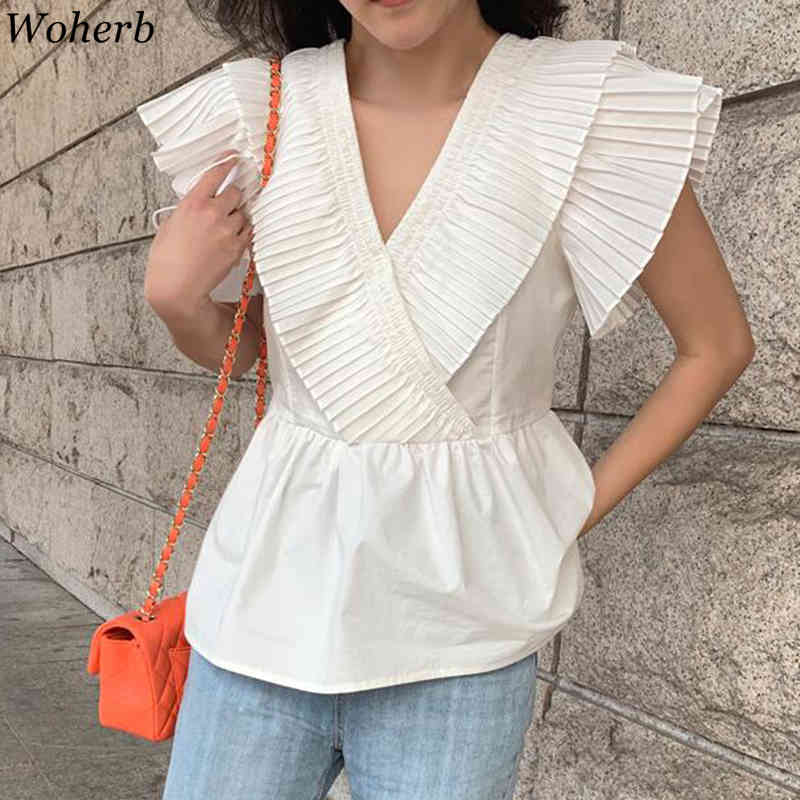 Ruffle Patchwork Flying Sleeve Shirt Lady OL Brief Chic Blouse Stylish Femme All Match White Shirts Sexy Streetwear 210519
