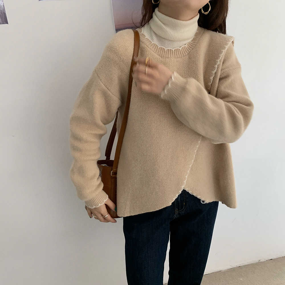 Qooth Winter Autumn Women Plain Color Long Sleeve Sweater Pullovers Warm Knitted Loose Split Short Jumper QT316 210609