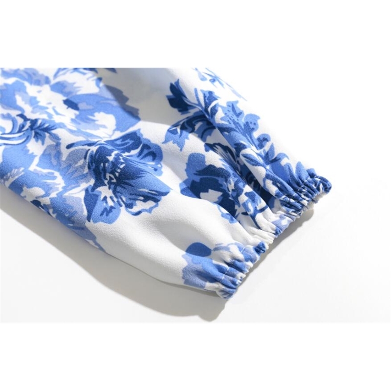 Retro Long Puff Sleeve Blue white Floral Print Shirt Women Single-breasted buttons Slim Waist Short Blouse Girl's Tops 210429