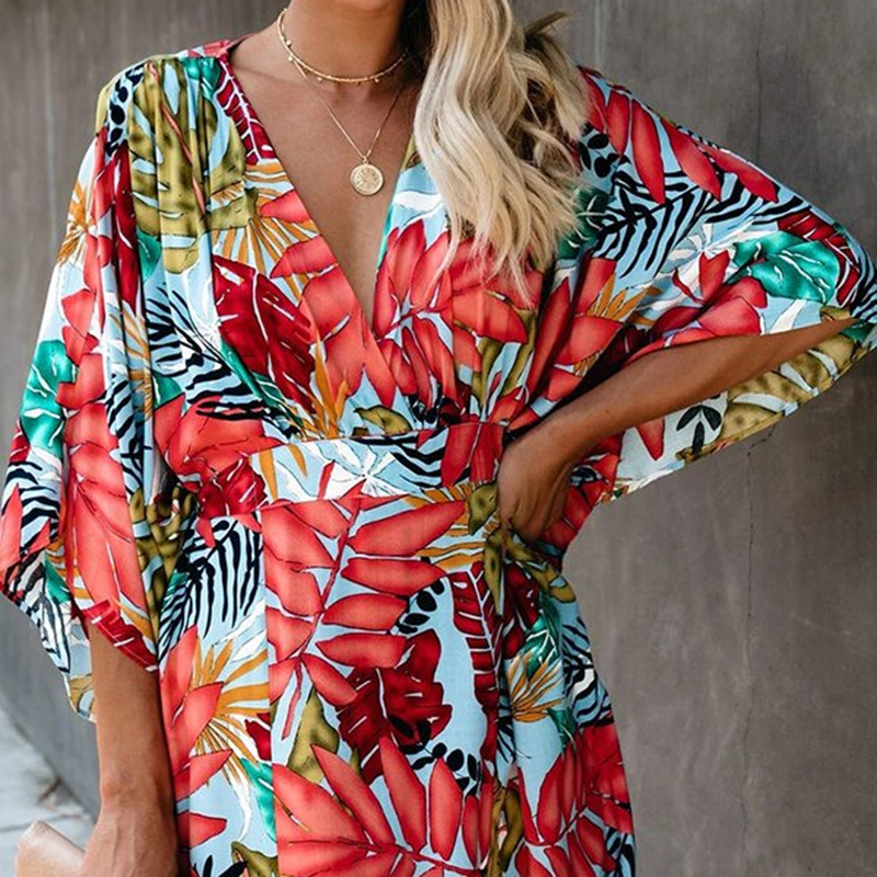 Women Dress V Neck Printed Bohemian Loose Casual Floral Maxi es Plus Size Long Summer es Fashion 210513