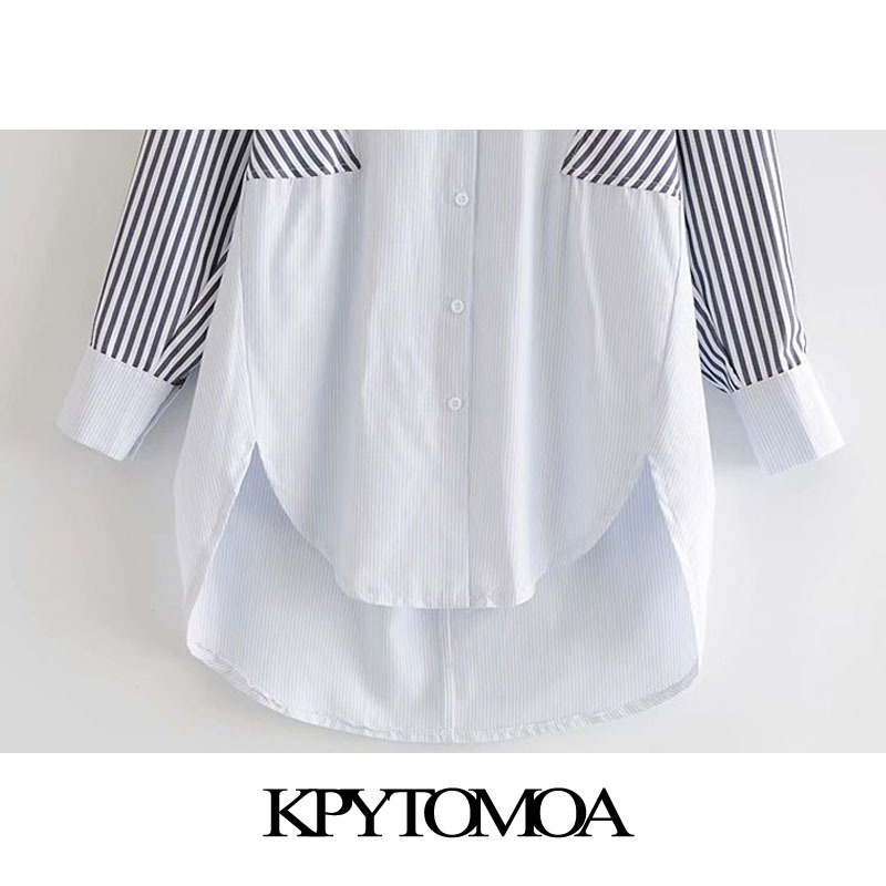 Women Fashion Striped Patchwork Loose Asymmetry Blouses Long Sleeve Button-up Female Shirts Chic Tops 210420