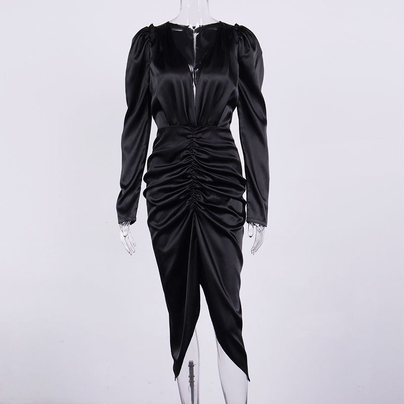 NewAsia Long Sleeve Maxi Dress V Neck Ruched Cut out Sexy Split Invisible Zipper High Waist Black Dress Women Elegant Party Wear 210413