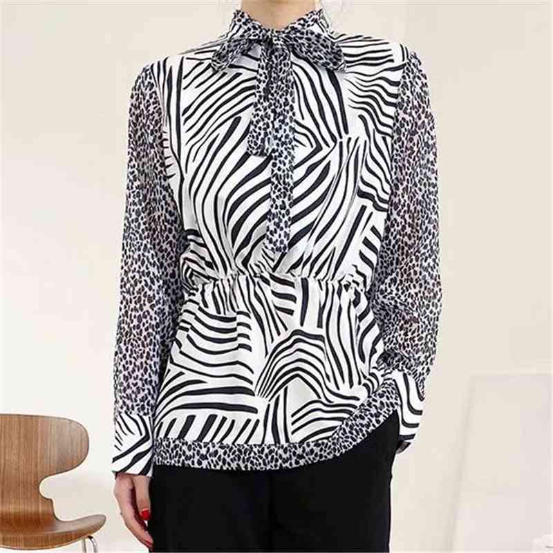 Elegant Women Leopard Patchwork Shirts Fashion Ladies Bow Collar Tops Streetwear Female Chic Zebra-Stripe Blouses 210527