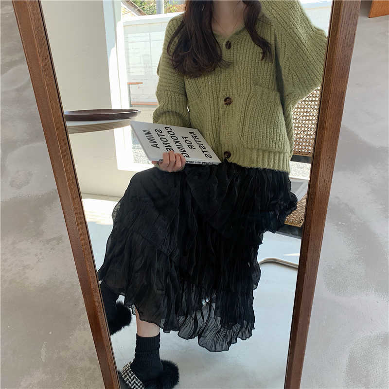 Alien Kitty Maxi Chiffon Skirt Women Fashion Korean Elastic High Waist Cake Long Skirts Female Lady Black White Bottoms 210621