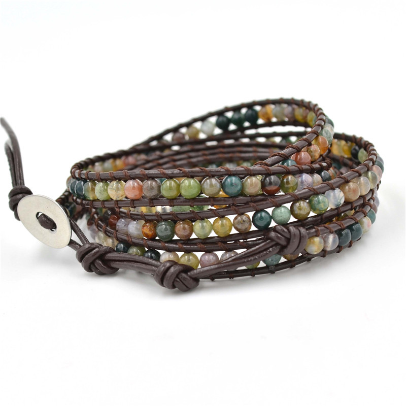 Bohemian Layered Natural Stone Crystal Beaded Strands Bracelet Wrap Leather Rope Boho Multilayer Handwoven Adjustable