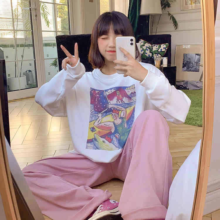 korean style large print long sleeve female thin loose sweatshirts womens streetwear clothes (F4102) 210423