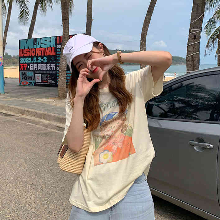 2 Colors Summer korean style Cartoon Little Girl Short Sleeve t-shirt Womens tops Tees shirt femme (F4305) 210423