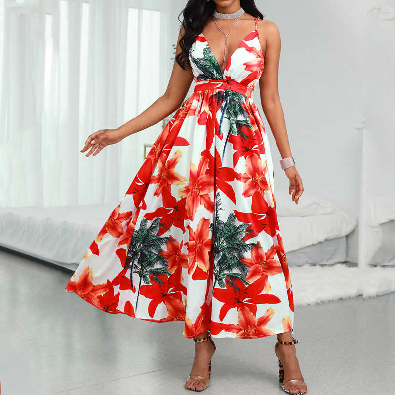 Summer Women Elegant Formal Gown Backless Maxi Dress Beach Dress Female Stylish Floral Open Back Long Party Dress 210716