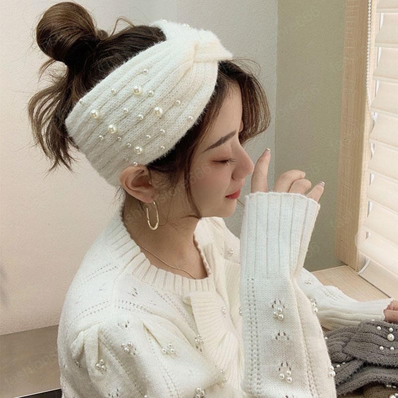Women Fashion Knitted Headband Elegant Temperament Pearl Wide-brimmed Hair Bands Autumn Winter Warm Headwear Hair Accessories