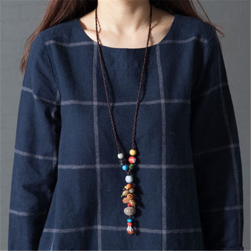 arrival Long Sleeve plaid Loose Cotton Linen Women Dress Spring and Autumn Dreeses Korean style 210514