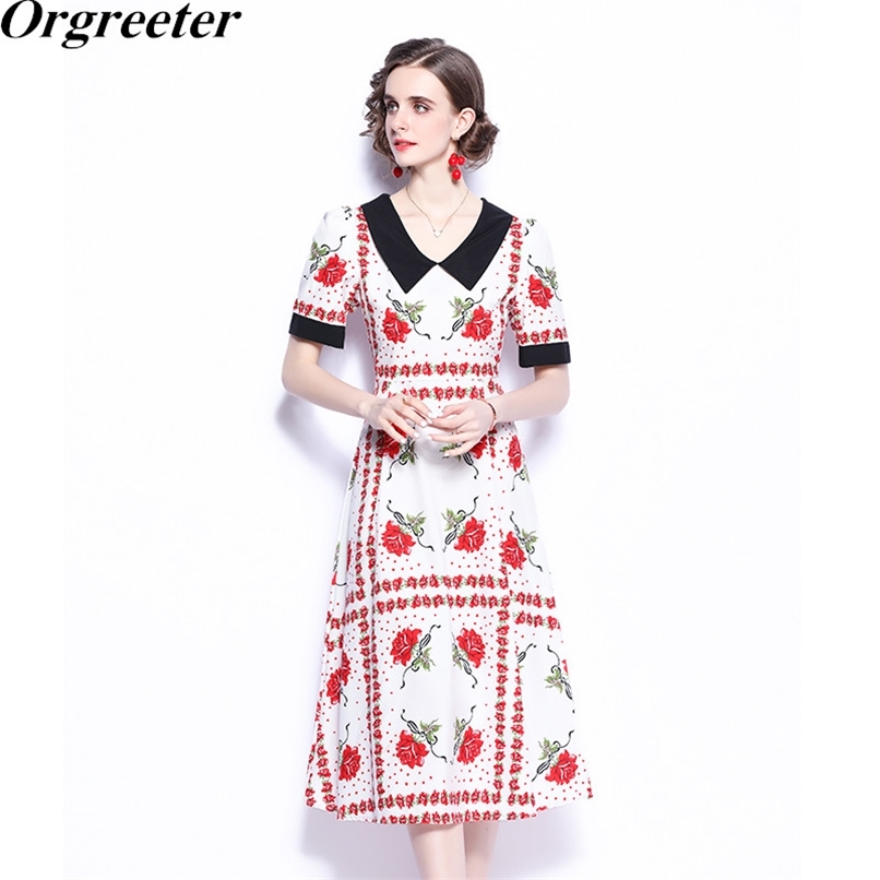 French Retro Print A-line Dress Women Summer Lapel Short Puff sleeves High waist Slim Red Floral Printted Color block Mid 210602
French Retro Print A-line Dress Women Summer Lapel Short Puff sleeves High waist Slim Red Floral Printted Color block Mid 210602