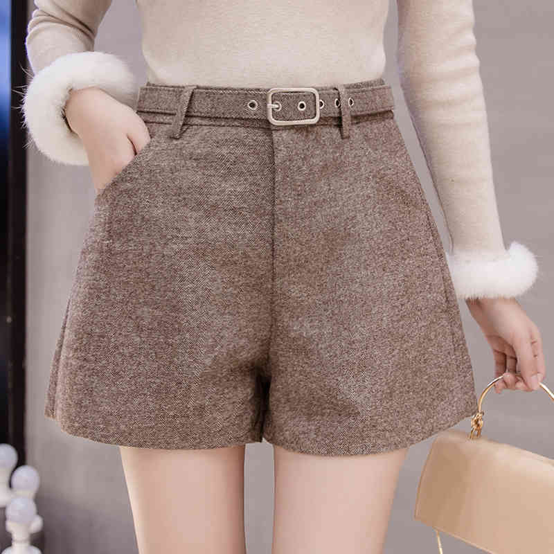 Fashion Winter Short Pants Women High Waist Solid Woolen Female s Casual Wide Leg Femme 7789 50 210508