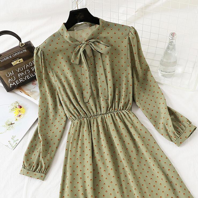 Women Dot Print Chiffon Dress Spring Autumn Long Sleeve Fashion Female Elegant Long Dress Bow Ruffles Robe Women Dresses 210521