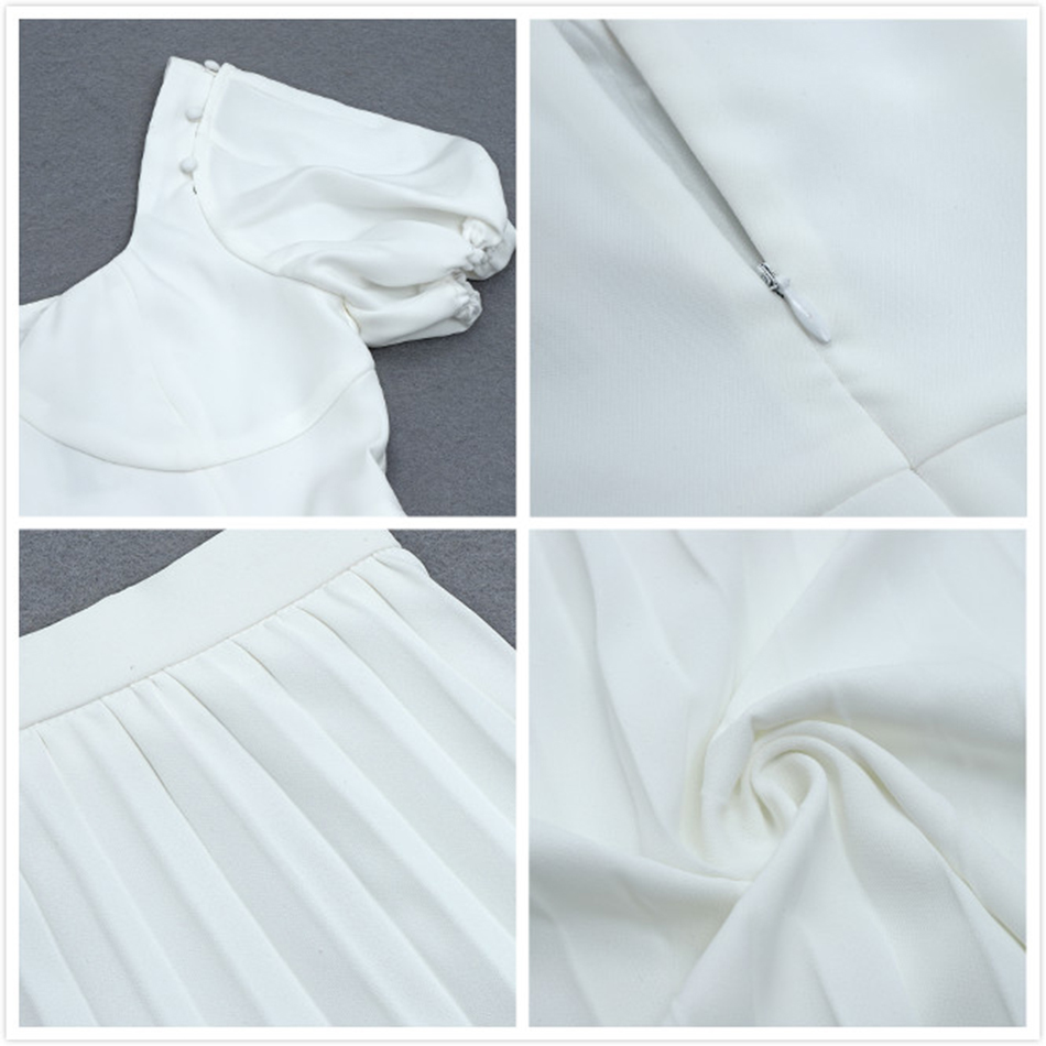 Free Ladies Summer White Dress Set Elegant V-neck Lantern Short Sleeve Slim Top & A-line Midi Skirt Two-piece 210524