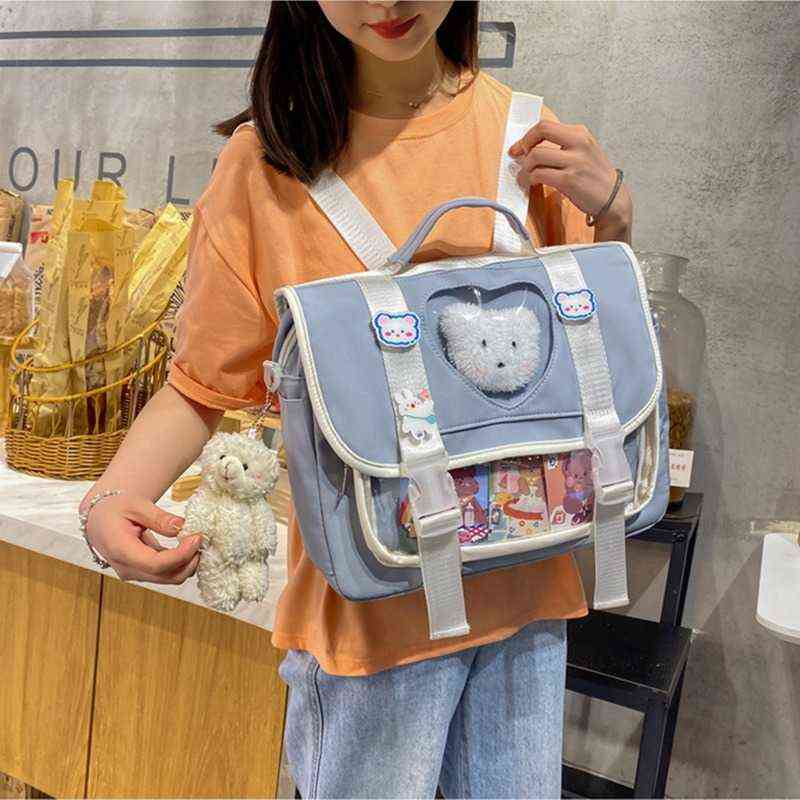 Women Kawaii Backpack for School with Clear Pocket Japanese Harajuku Girls Shoulder Bag Cute Kawaii Heart Ita Bag Anime Y1105