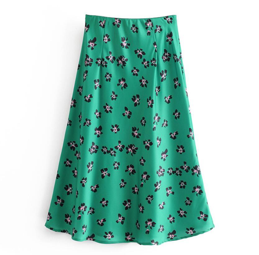 Retro High Waist Green Flower Print Satin Skirt like Silk Summer Women Elastic Mid Long A-line Skirts Femme 210429