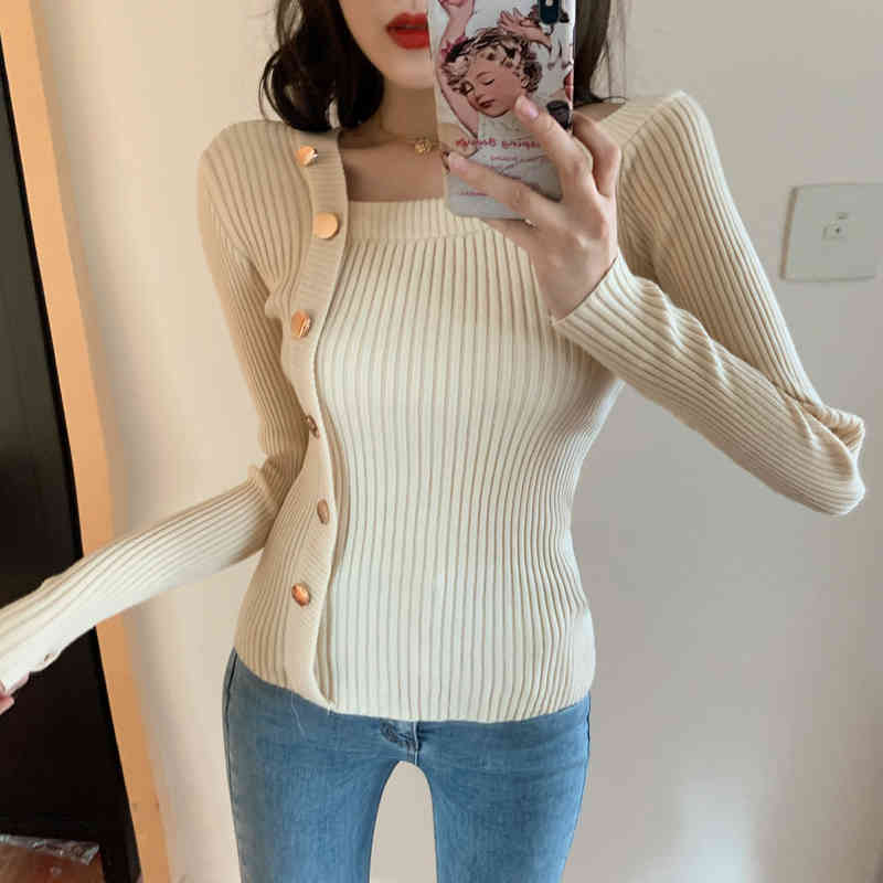 Fashion Korean Women Sweater Elegant Sexy Single-Breasted Long Sleeve Slim Knitt Sweaters Jumper Soft Warm Pull Femme 210519