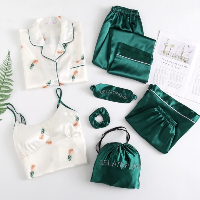 CHIC Fruit Floral Print Shirt Pajama Suits Elastic Waist Wide Leg Shorts Pants Women Loose Long Sleeve Blouse Tops 7 Pieces Set 210429